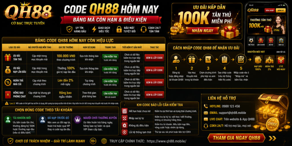 Code QH88 Hôm Nay - Bảng Mã Còn Hạn Và Điều Kiện