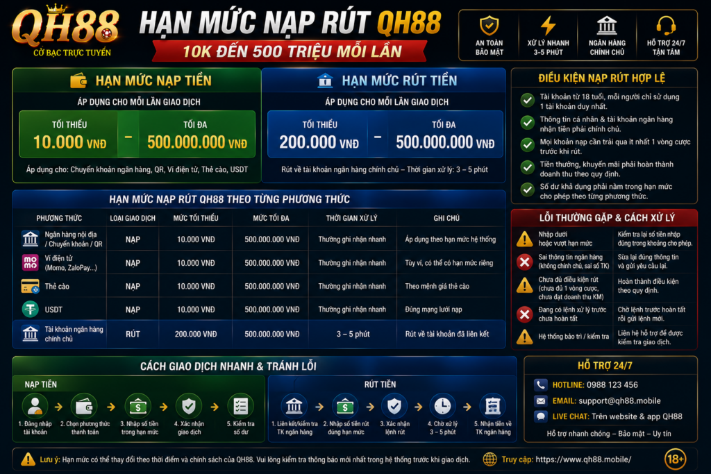 Hạn Mức Nạp Rút QH88 - 10K Đến 500 Triệu Mỗi Lần